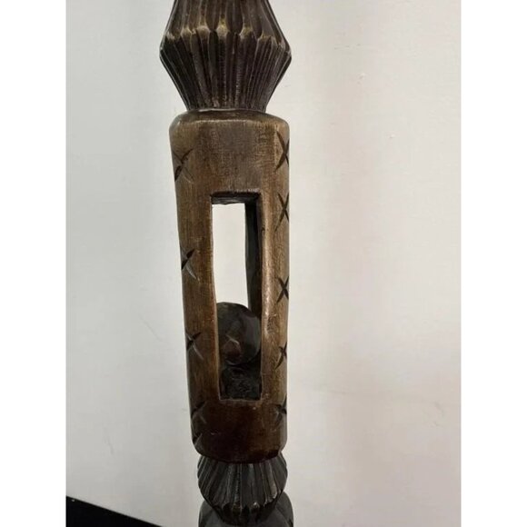 African Hand-Carved Walking Stick  - Figural Head & Captured Ball Cage 39.5" - Picture 2 of 6
